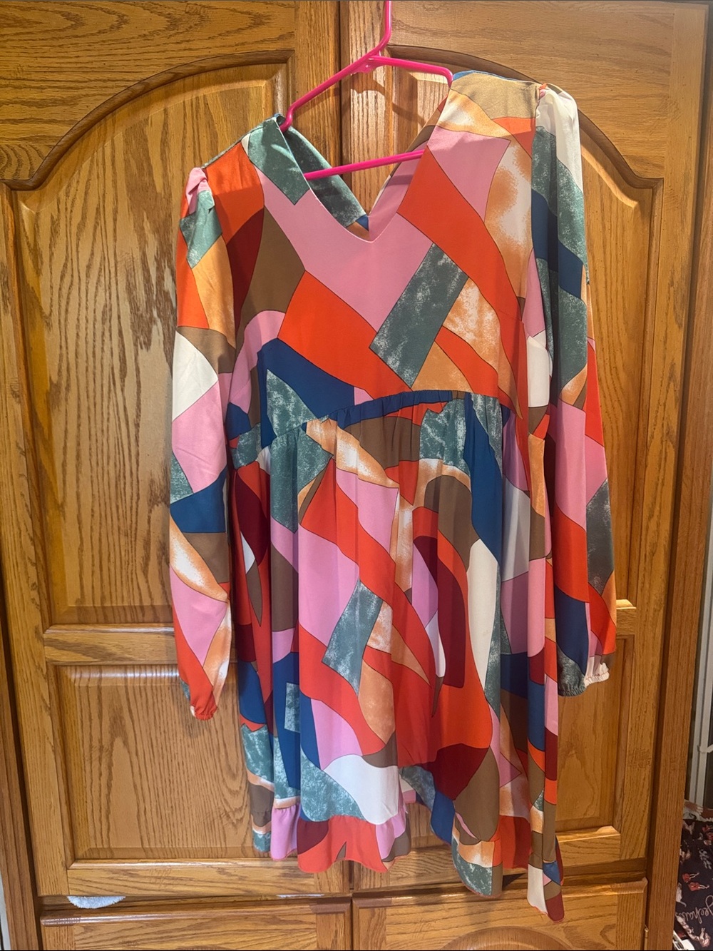Vibrant Abstract Patchwork Tunic Dress in Red & Pink